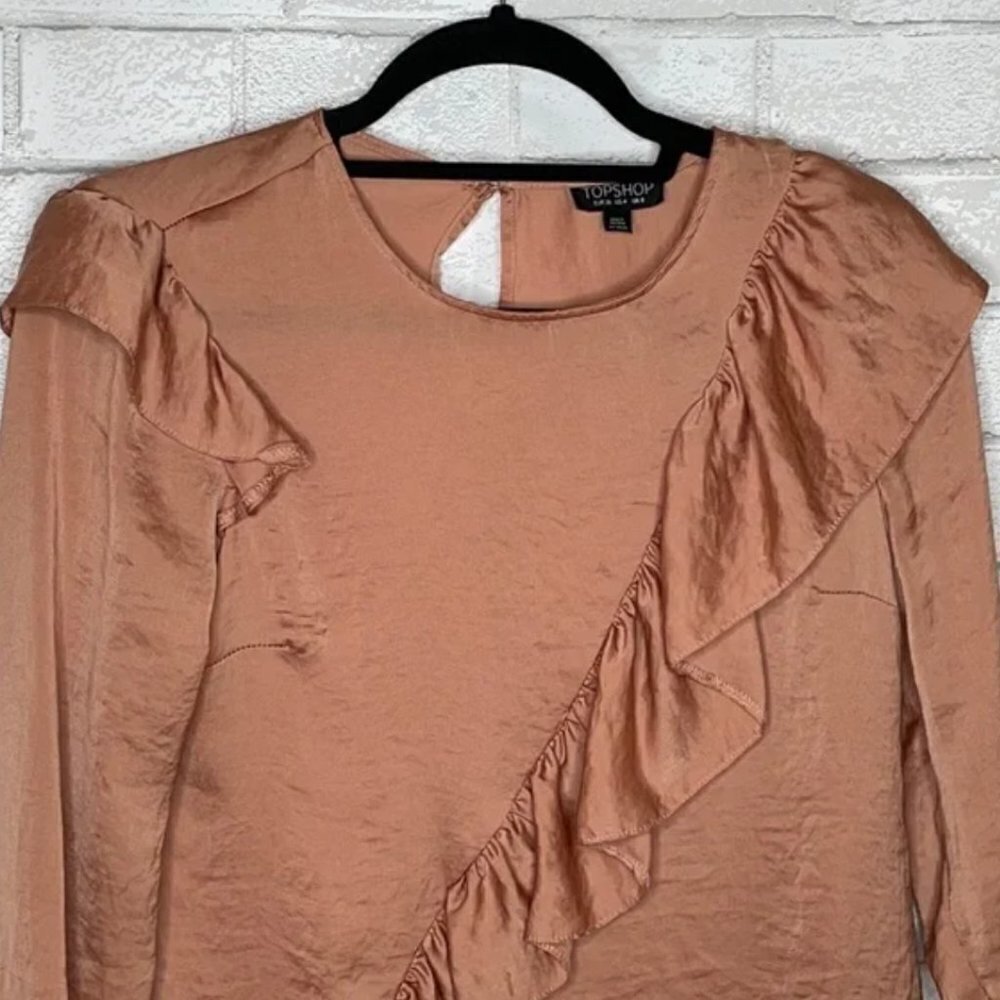 Topshop Shiny Ruffle Long Sleeve Blouse - Picture 4 of 9
